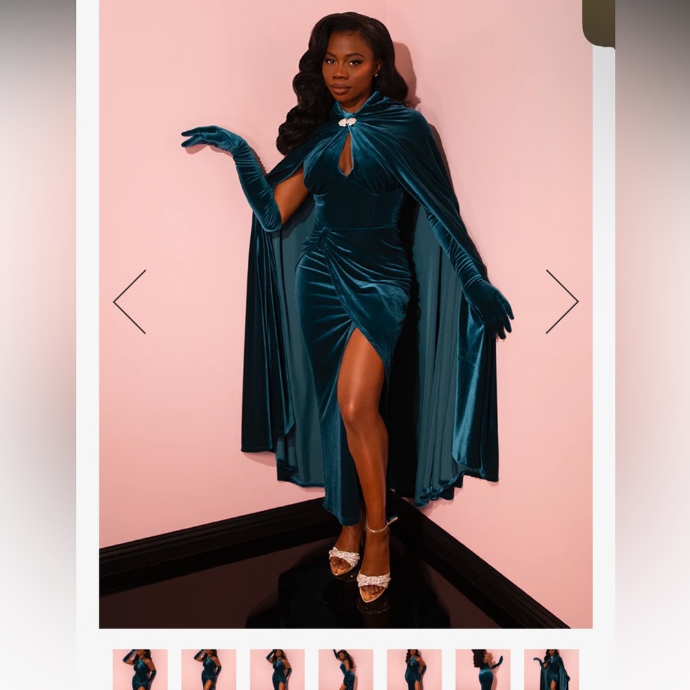 ISO Vixen Micheline Pitt Golden Era teal dress gloves cape set
